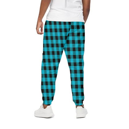 Turquoise And Black Buffalo Check Print Cotton Pants