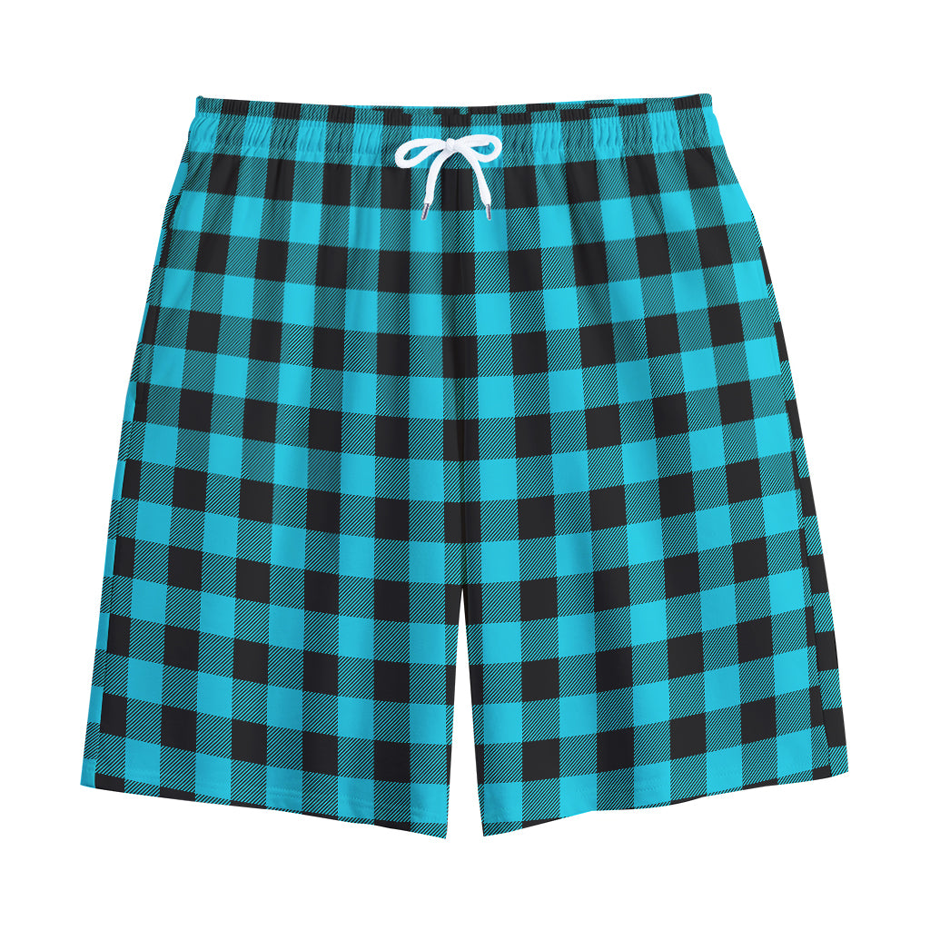Turquoise And Black Buffalo Check Print Cotton Shorts