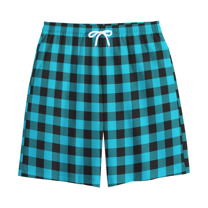 Turquoise And Black Buffalo Check Print Cotton Shorts