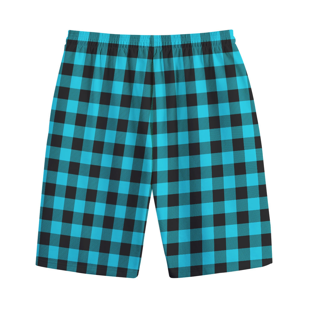 Turquoise And Black Buffalo Check Print Cotton Shorts