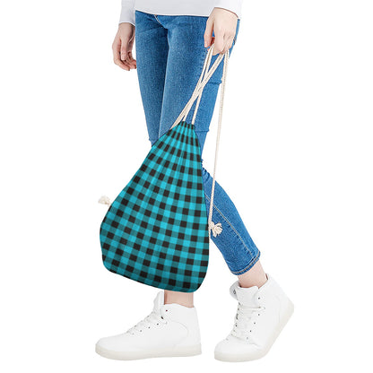 Turquoise And Black Buffalo Check Print Drawstring Bag