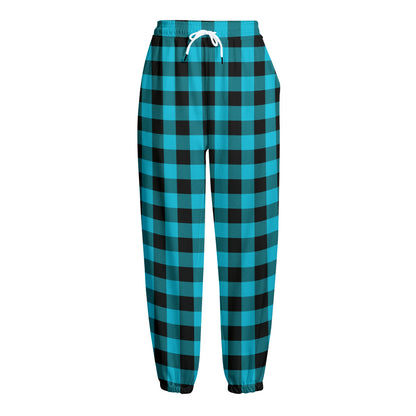 Turquoise And Black Buffalo Check Print Fleece Lined Knit Pants
