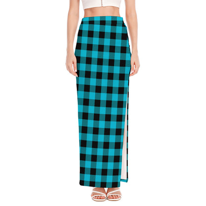 Turquoise And Black Buffalo Check Print High Slit Maxi Skirt