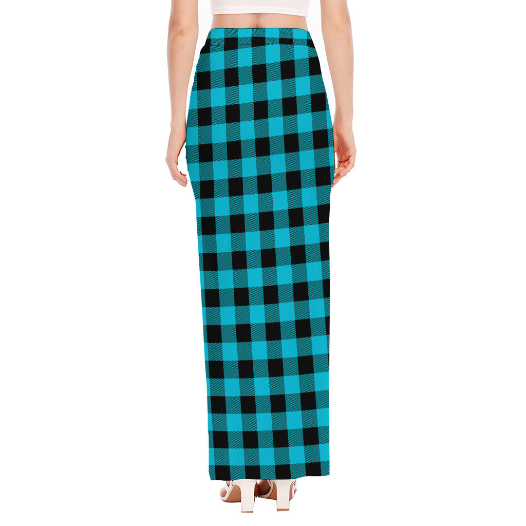 Turquoise And Black Buffalo Check Print High Slit Maxi Skirt