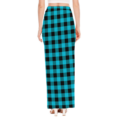 Turquoise And Black Buffalo Check Print High Slit Maxi Skirt