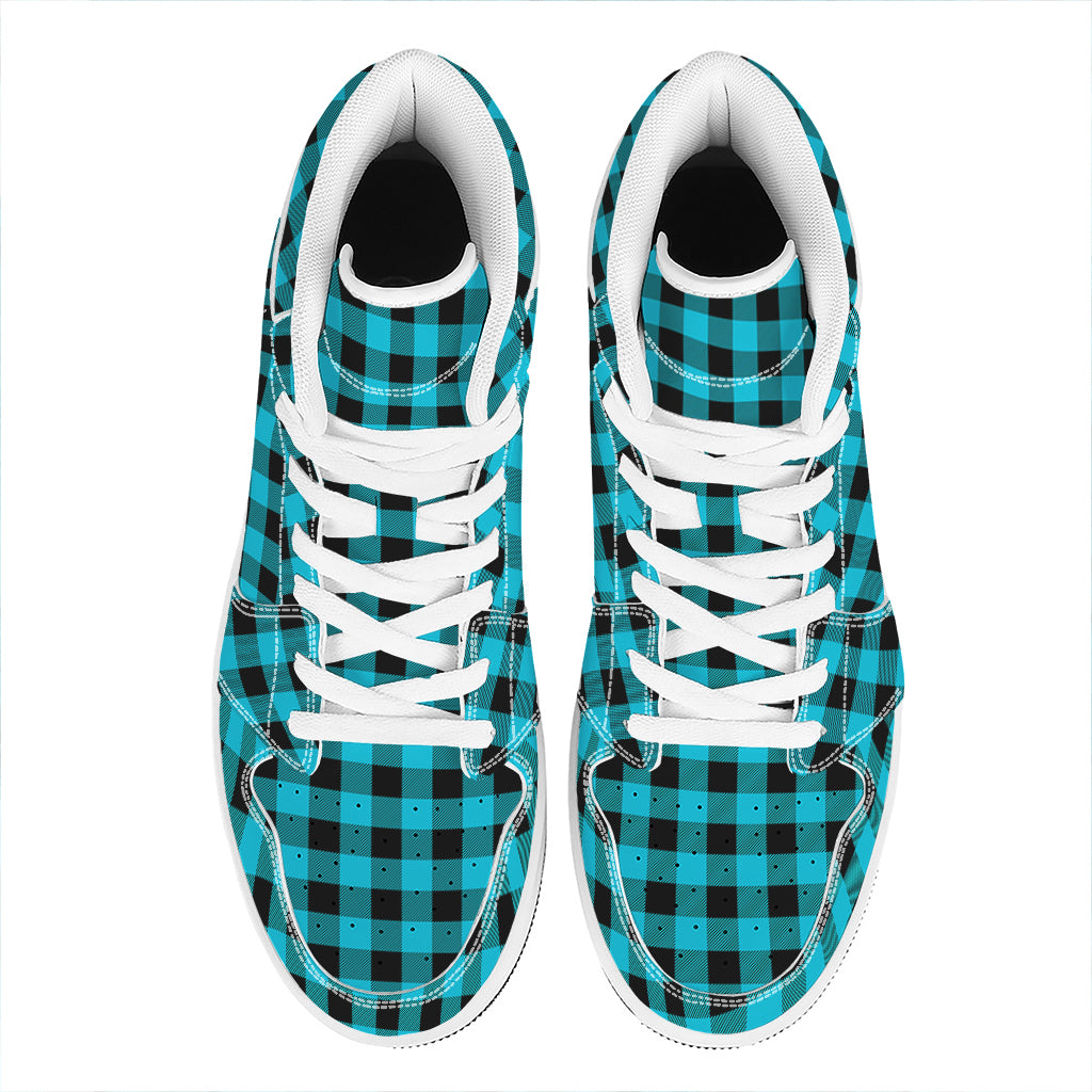 Turquoise And Black Buffalo Check Print High Top Leather Sneakers