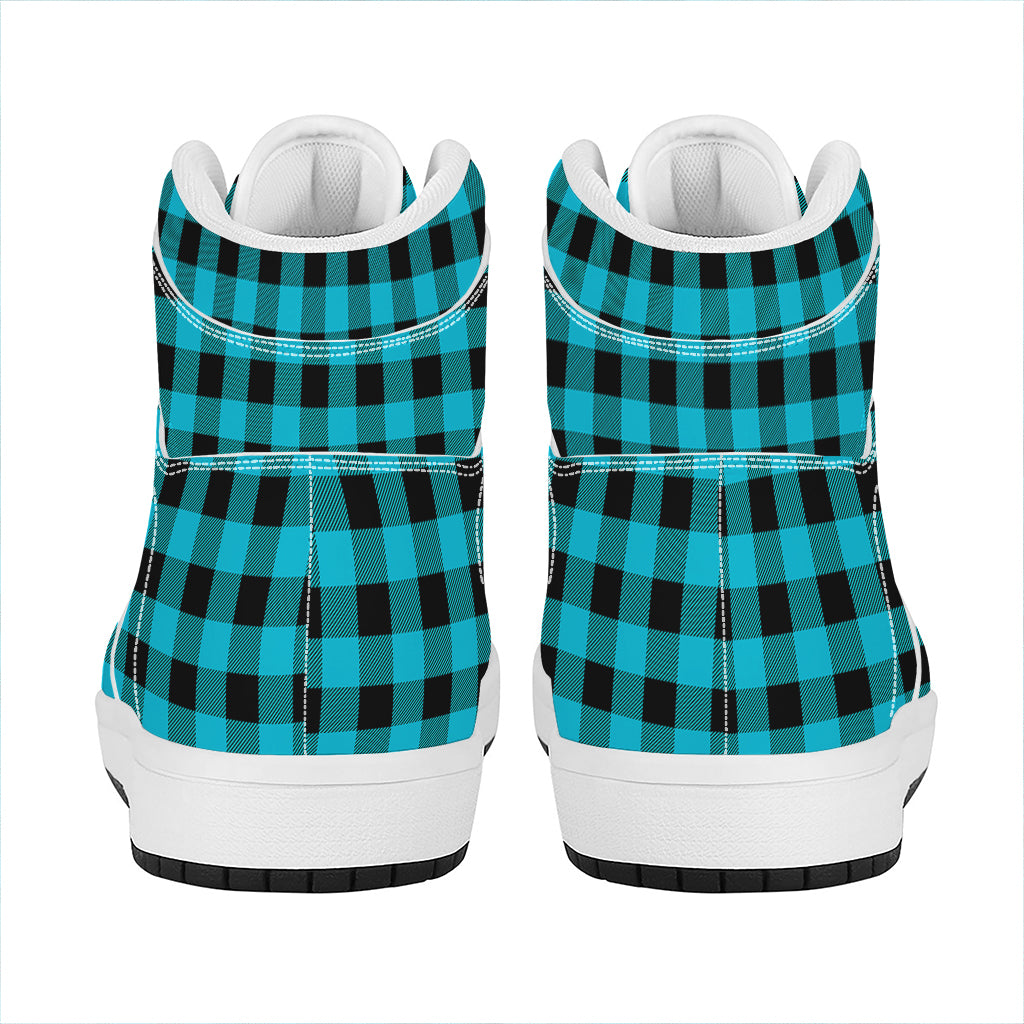 Turquoise And Black Buffalo Check Print High Top Leather Sneakers