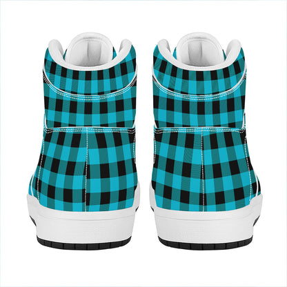 Turquoise And Black Buffalo Check Print High Top Leather Sneakers