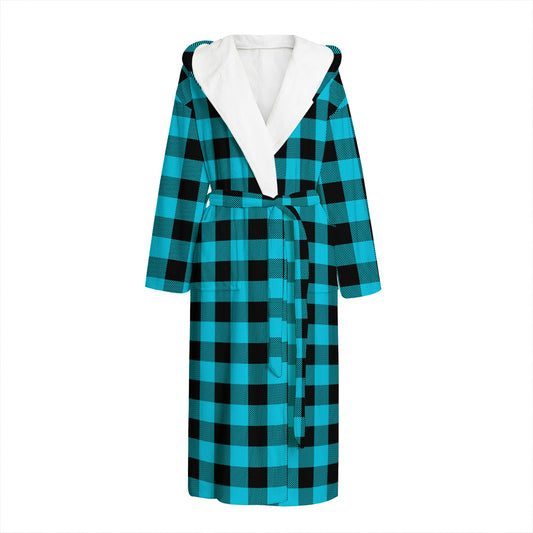 Turquoise And Black Buffalo Check Print Hooded Bathrobe