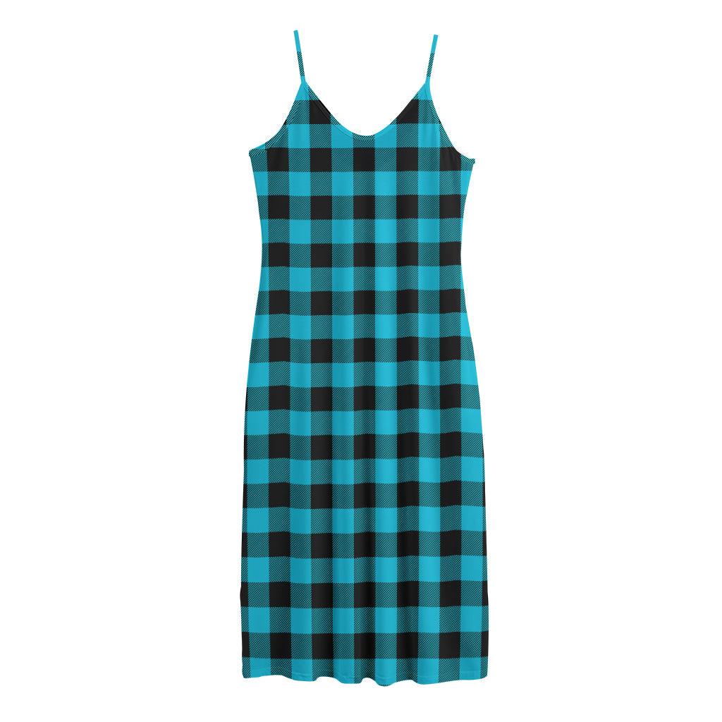 Turquoise And Black Buffalo Check Print Jersey Midi Cami Dress