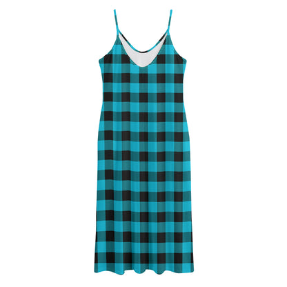 Turquoise And Black Buffalo Check Print Jersey Midi Cami Dress