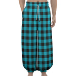 Turquoise And Black Buffalo Check Print Lantern Pants