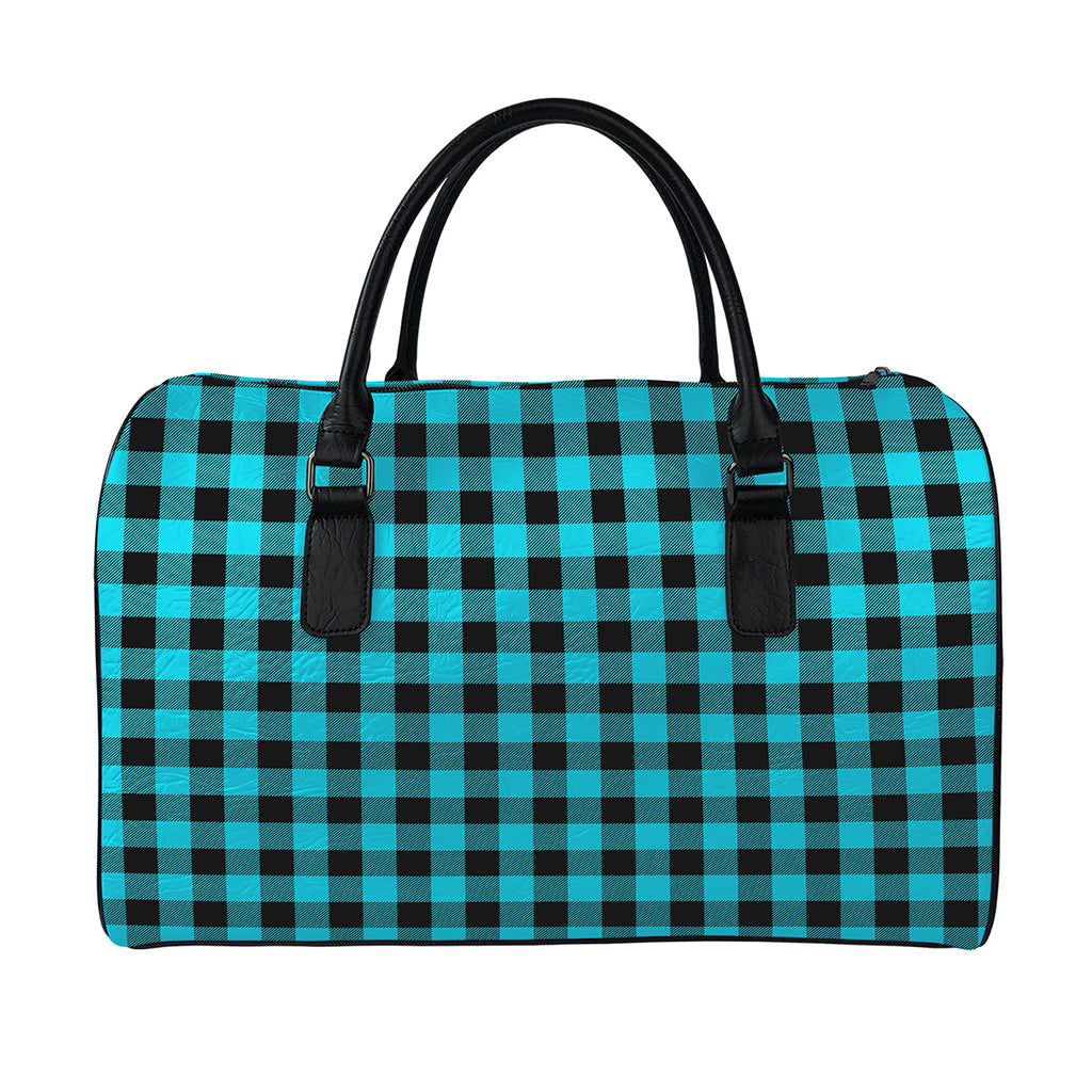 Turquoise And Black Buffalo Check Print Leather Duffle Bag