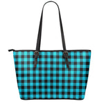 Turquoise And Black Buffalo Check Print Leather Tote Bag
