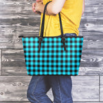 Turquoise And Black Buffalo Check Print Leather Tote Bag