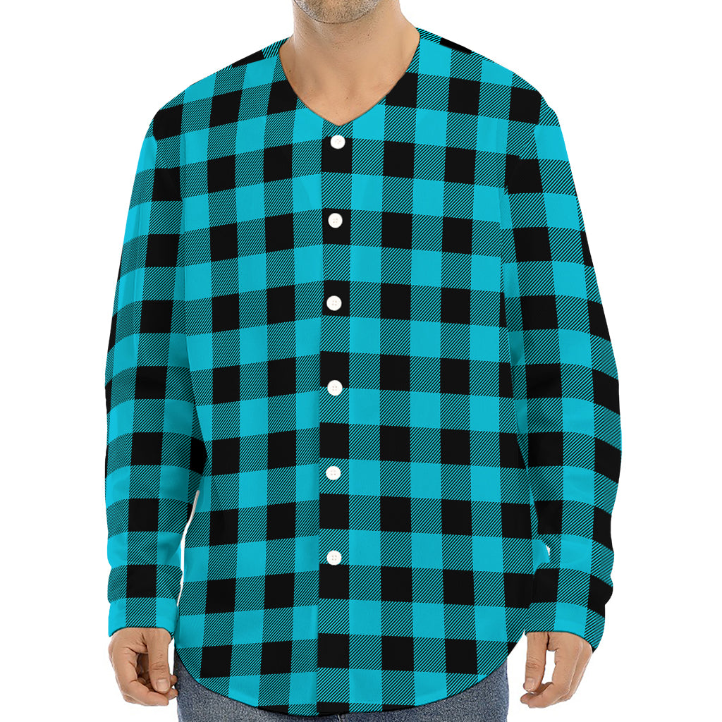 Turquoise And Black Buffalo Check Print Long Sleeve Baseball Jersey