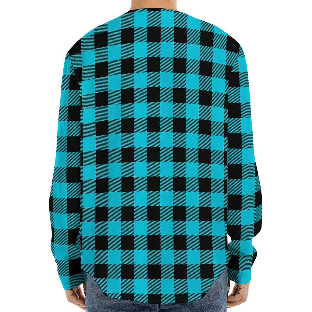 Turquoise And Black Buffalo Check Print Long Sleeve Baseball Jersey