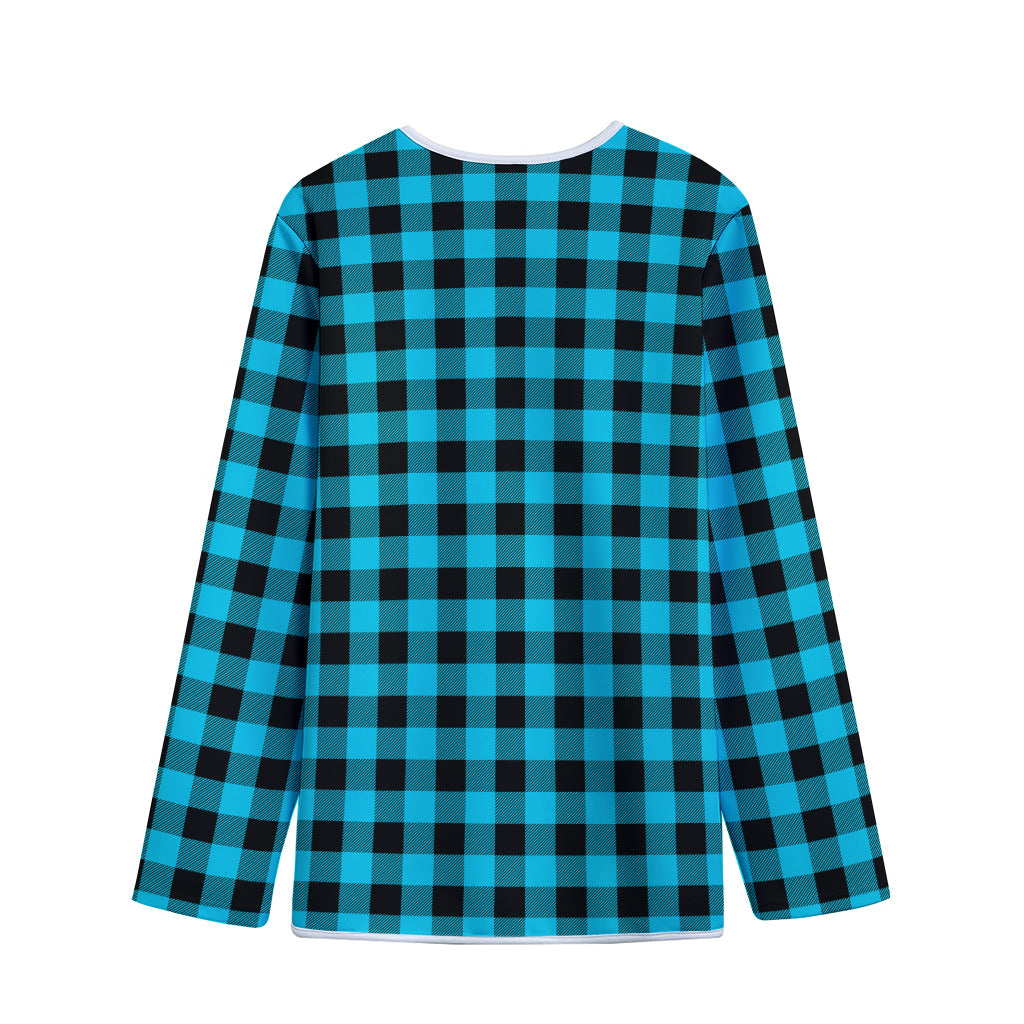 Turquoise And Black Buffalo Check Print Long Sleeve Short Coat