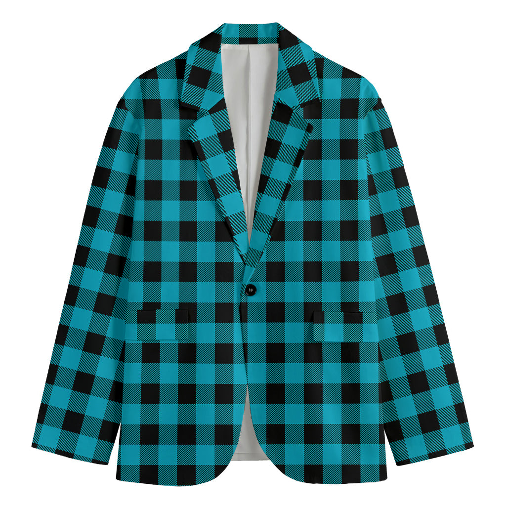 Turquoise And Black Buffalo Check Print Men's Cotton Blazer