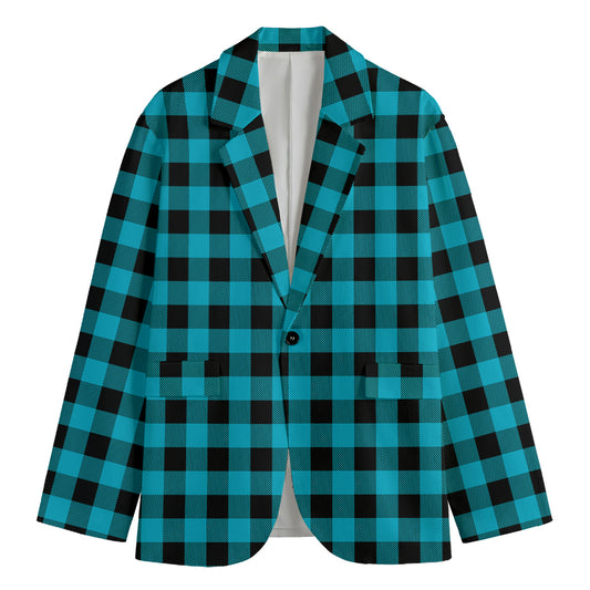 Turquoise And Black Buffalo Check Print Men's Cotton Blazer