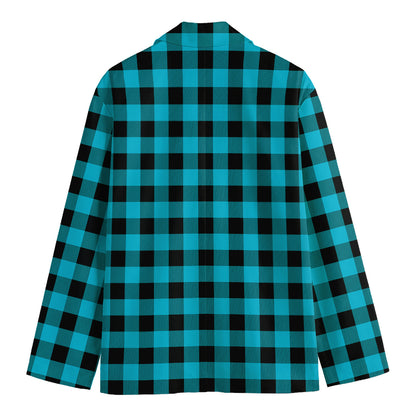 Turquoise And Black Buffalo Check Print Men's Cotton Blazer