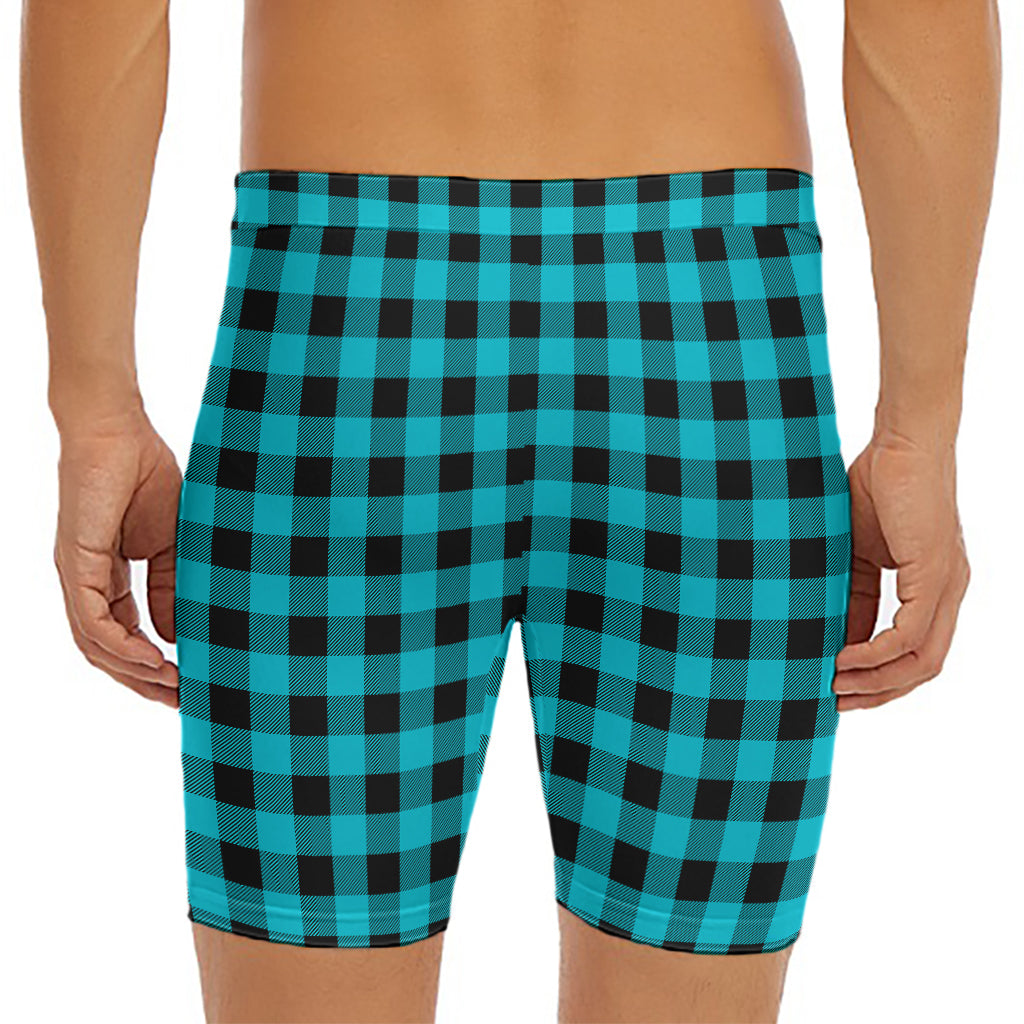 Turquoise And Black Buffalo Check Print Men's Long Boxer Briefs