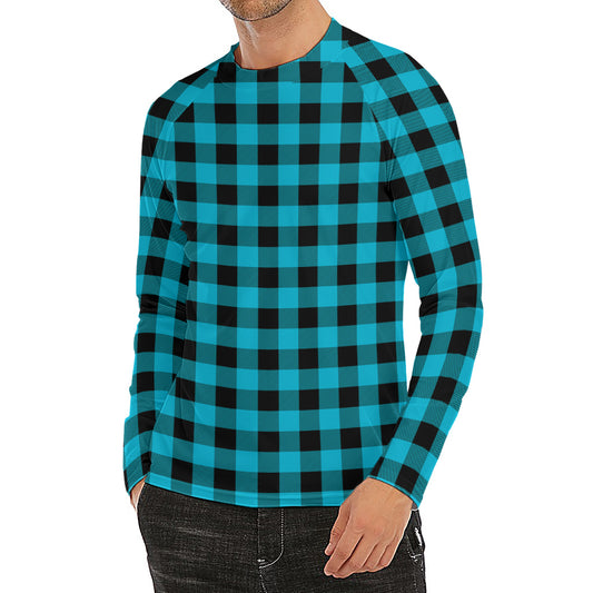 Turquoise And Black Buffalo Check Print Men's Long Sleeve Rash Guard