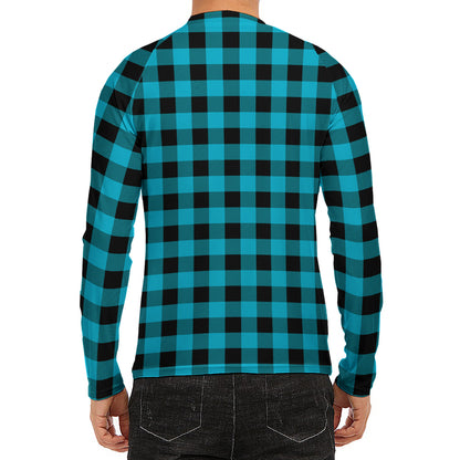 Turquoise And Black Buffalo Check Print Men's Long Sleeve Rash Guard
