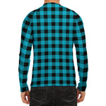Turquoise And Black Buffalo Check Print Men's Long Sleeve Rash Guard