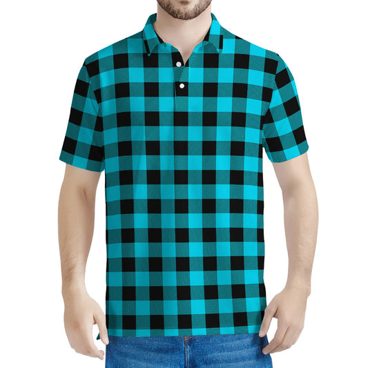 Turquoise And Black Buffalo Check Print Men's Polo Shirt