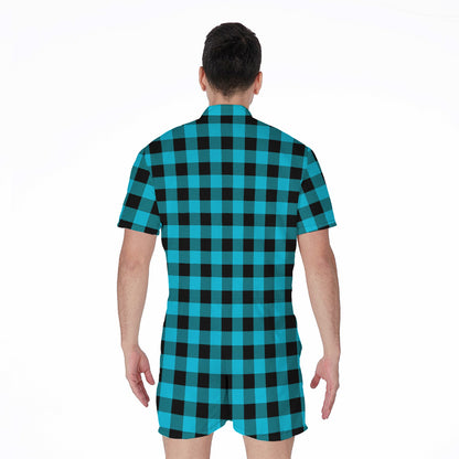 Turquoise And Black Buffalo Check Print Men's Rompers