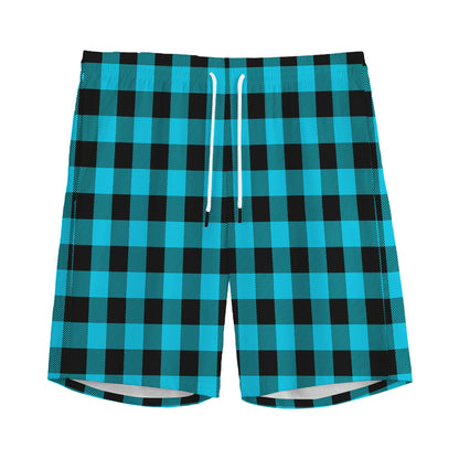Turquoise And Black Buffalo Check Print Men's Sports Shorts