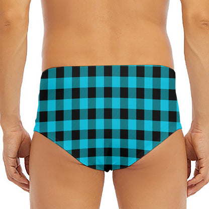 Turquoise And Black Buffalo Check Print Men's Triangle Swim Briefs
