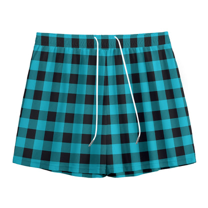 Turquoise And Black Buffalo Check Print Mesh Shorts