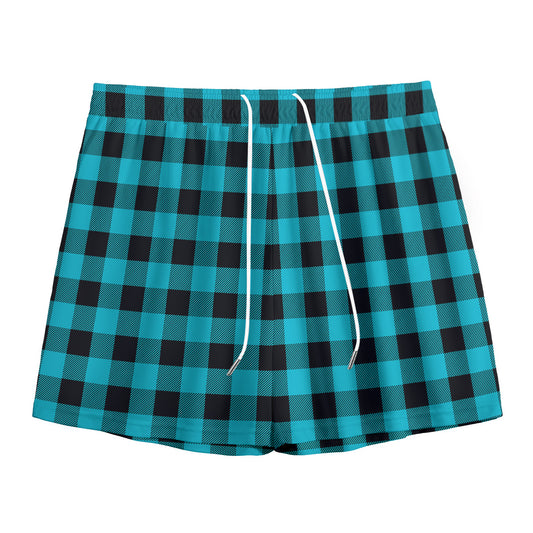 Turquoise And Black Buffalo Check Print Mesh Shorts