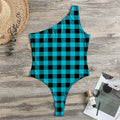 Turquoise And Black Buffalo Check Print One Shoulder Bodysuit