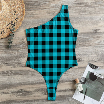 Turquoise And Black Buffalo Check Print One Shoulder Bodysuit