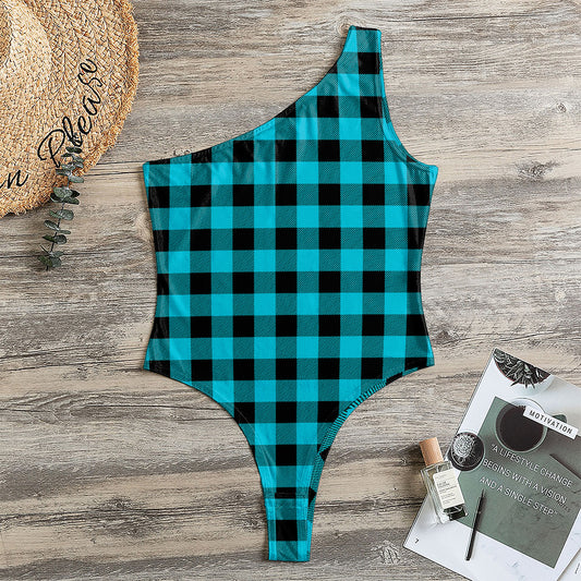 Turquoise And Black Buffalo Check Print One Shoulder Bodysuit