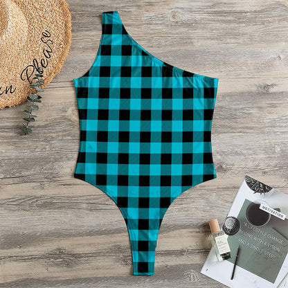 Turquoise And Black Buffalo Check Print One Shoulder Bodysuit