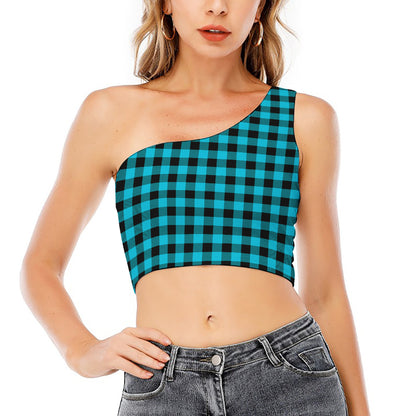 Turquoise And Black Buffalo Check Print One Shoulder Crop Top