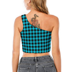 Turquoise And Black Buffalo Check Print One Shoulder Crop Top