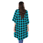 Turquoise And Black Buffalo Check Print Open Front Beach Cover Up