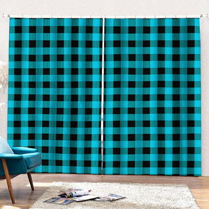Turquoise And Black Buffalo Check Print Pencil Pleat Curtains