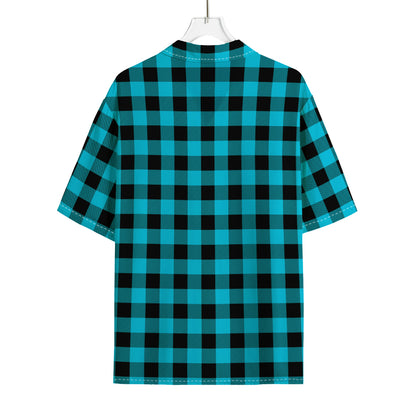 Turquoise And Black Buffalo Check Print Rayon Hawaiian Shirt