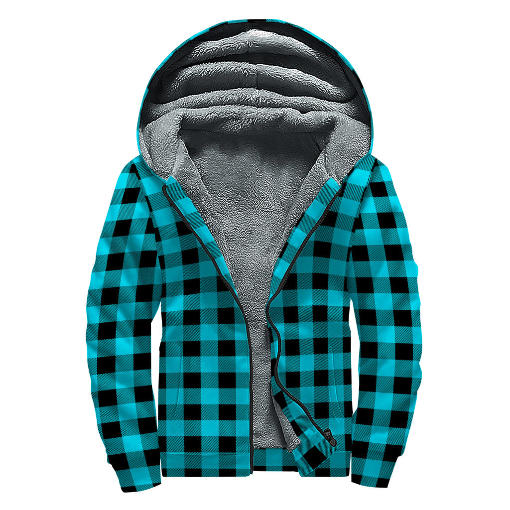 Turquoise And Black Buffalo Check Print Sherpa Lined Zip Up Hoodie