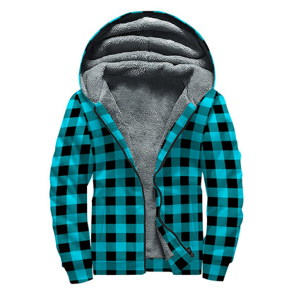 Turquoise And Black Buffalo Check Print Sherpa Lined Zip Up Hoodie