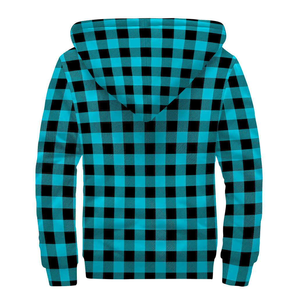 Turquoise And Black Buffalo Check Print Sherpa Lined Zip Up Hoodie