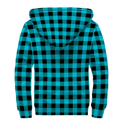 Turquoise And Black Buffalo Check Print Sherpa Lined Zip Up Hoodie