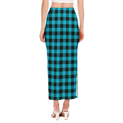 Turquoise And Black Buffalo Check Print Side Slit Maxi Skirt