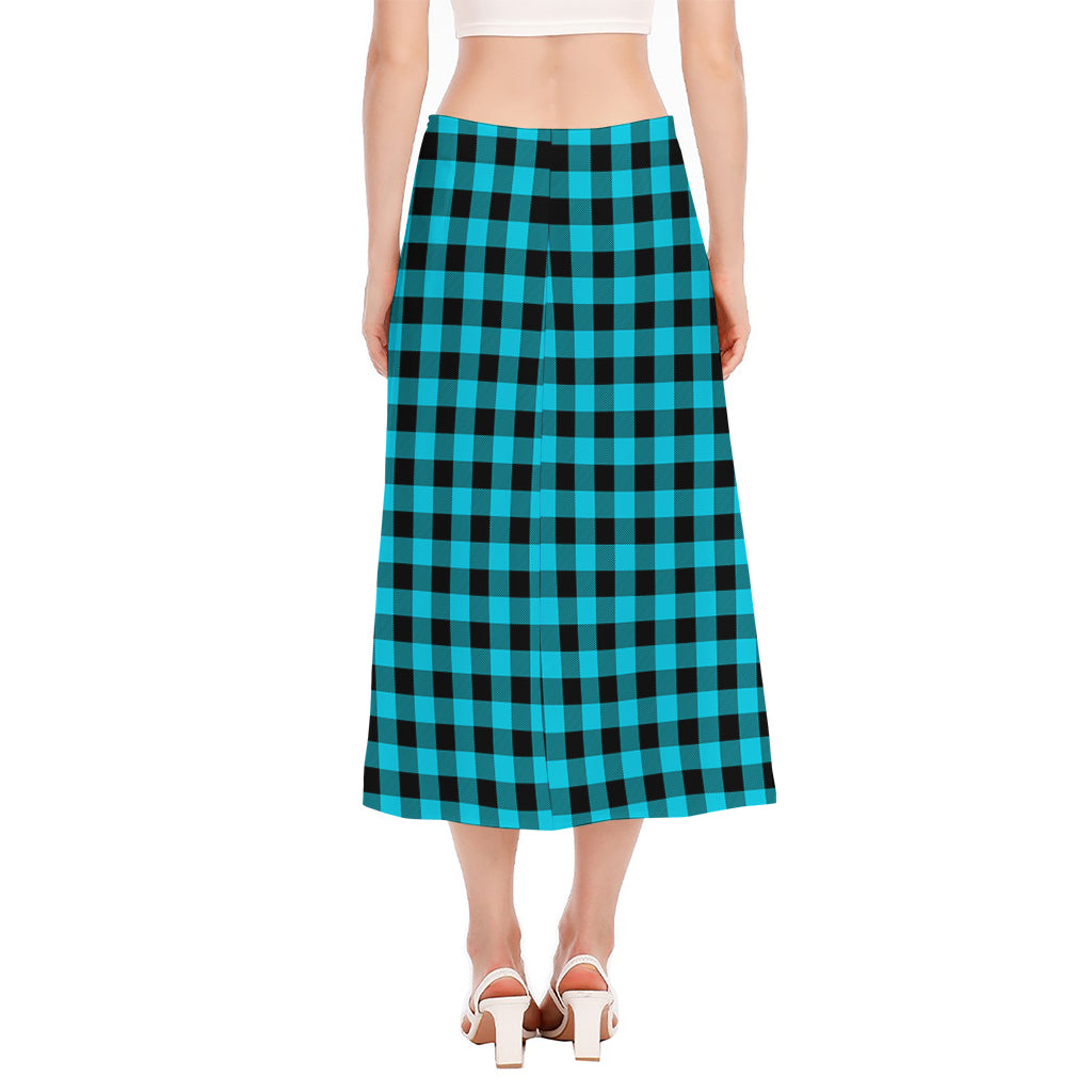 Turquoise And Black Buffalo Check Print Side Slit Midi Skirt